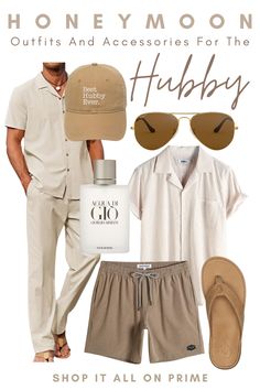 Read it to shop it! Gear up for unforgettable moments together on your honeymoon with these stylish essentials for your hubby. Mens swim trunks, mens bathing suit, chubbies, mens beach sandals, mens leather sandals, travel, honeymoon, accessories, silicone ring, cologne, sunglasses, hat, hubby #honeymoon #destinations #travel #beach #accessories #clothes #men #mens #husband #wedding #rings #style #outfits Maldives Honeymoon Outfits Men, Mens Honeymoon Outfits, Honeymoon Outfits Men, Mens Vacation Outfits Beach, Men Beach Outfit, Honeymoon Accessories, Honeymoon Fits, Mens Vacation Outfits, Beach Resort Outfits