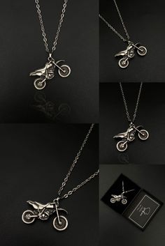 four different views of a motorcycle necklace