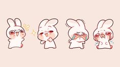 four cartoon bunny characters with different expressions on their faces, one is crying and the other has