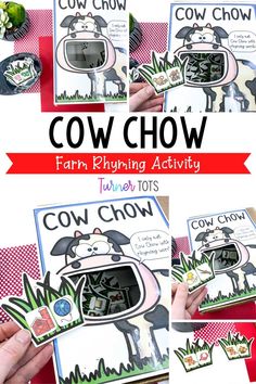 the cow chow activity book is shown in four different pictures