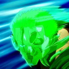 an anime character with green hair and blue eyes looks at the camera while standing in front of water