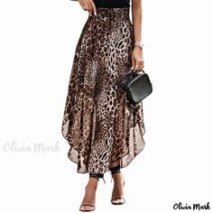 Olivia Mark - Leopard Print Half Skirt with High Waist and Ankle-Length for Casual Occasions Leopard Print Midi Skirt, Midi Skirt Casual, Long Flowy Skirt, Irregular Skirt, High Waist Long Skirt, Chiffon Maxi Skirt, Floral Pleated Skirt, Ankle Length Skirt, Skirt Casual