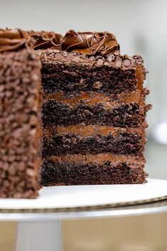 a piece of chocolate cake on a plate with one slice missing from the rest of the cake