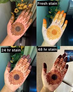 four pictures showing how to apply hendi on the hands and hand with different colors