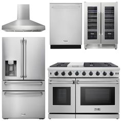 an assortment of kitchen appliances including stove, refrigerator and range top ovens are shown