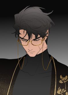 an anime character wearing glasses and a black shirt with gold accents on his neck,