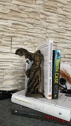 two books are stacked on top of each other in front of a stone wall with an angel statue