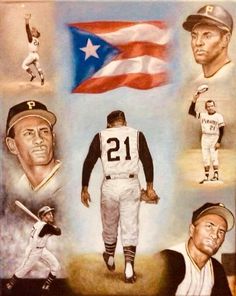 a painting of baseball players and an american flag