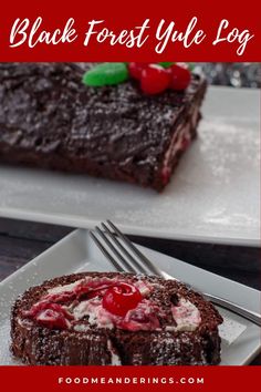 slice of black forest yule log cake on a white square plate with a fork and a whole black forest yule log cake in the background Black Forest Jelly Roll Cake, Black Forest Yule Log Cake Recipe, Black Forest Log Cake, Black Forest Yule Log Cake, Black Forest Roll Cake, Black Forest Yule Log, Chocolate Swiss Roll Cake, Yule 2024