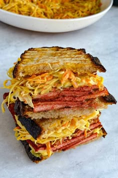 two sandwiches stacked on top of each other with text overlay reading tofu pasta sandwich healthy, high - protein