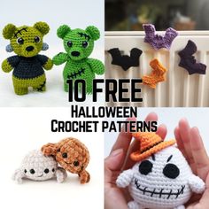 crochet patterns for halloween teddy bears and pumpkins with text overlay that reads, 10 free halloween crochet patterns