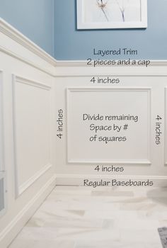 a bathroom with blue walls, white trim and tile flooring is shown in this diagram