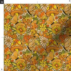 an orange and yellow floral pattern on fabric