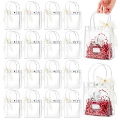 clear plastic bags with white bows and tags on each side, set of 12 by the dozen