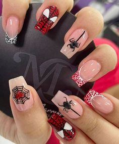 Spider Man Nails Coffin, Marvel Nails, Scene Pfp, Halloween Nails Easy, Band Nails, Fake Nails Designs, Cute Simple Nails, Girly Acrylic Nails, Summery Nails