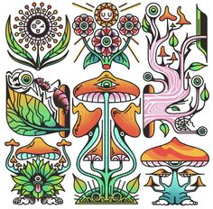 an image of colorful art work with flowers and plants on it's sides, including mushrooms