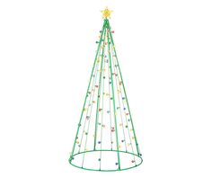 a green christmas tree with gold stars on it's top and decorations around the base