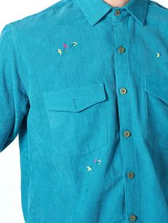 This Blue Corduroy Button-Front Blouse features a classic collar, button-front closure, and a functional flap pocket, crafted from luxurious 100% organic cotton corduroy fabric. Paris Summer, Corduroy Shirt, Blue Corduroy, Hat Print, Corduroy Fabric, Wide Sleeves, New Arrival Dress, Flap Pocket, Custom Sizing