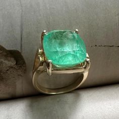 This beautiful vintage Columbian emerald on 14k yellow gold ring is a one-of-kind treasure for whom favorite large emerald rings.  The centre stone is one huge cushion cut natural  Columbian emerald gemstone, untreated,  in glowing light green color you may only see from natural Columbian emeralds. The pictures show you the emerald stone glows in both bright and dark environments. The stone has some inclusions.  Please have a close exam from the zoomed in photos.  The measure of stone size is ap Columbian Emeralds, Iphone Camera, Brown Wedding, Emerald Stone, Emerald Gemstone, Deep Colors, Natural Emerald, Cushion Cut, Emerald Ring