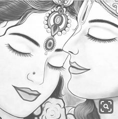 a drawing of two women with their eyes closed and one has her hand on the other's cheek