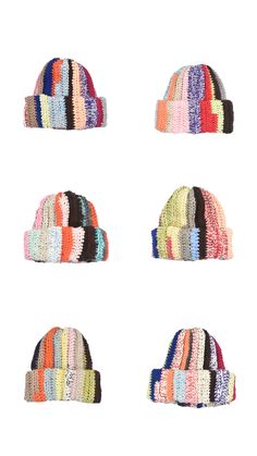 four knitted hats with different colors and patterns on the top one is multicolored