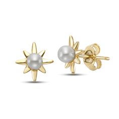 These darling freshwater cultured pearl starbust earrings feature two of these pearls in a radiant 14K yellow gold setting. | Freshwater Cultured Pearl Starburst Stud Earrings | 14K Yellow Gold | Helzberg Diamonds Elegant Starburst Jewelry For Anniversary, Elegant Starburst Earrings For Anniversary, Elegant White Starburst Jewelry, Elegant Star-shaped Pearl Drop Earrings, Elegant Star-shaped Pearl Earrings, Elegant Gold Starburst Jewelry, Elegant White Star-shaped Pearl Earrings, Elegant Starburst 14k Gold Jewelry, Elegant 14k Gold Starburst Jewelry