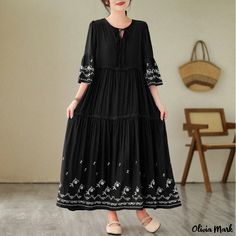 Olivia Mark - Embroidered Bohemian Style Loose Fit Maxi Dress Terry Cloth Dress, Maxi Dress Collection, Fitted Maxi Dress, Printed Casual Dresses, 70 Dress, Ethnic Style, Maxi Dress With Sleeves, Types Of Skirts, Ethnic Fashion