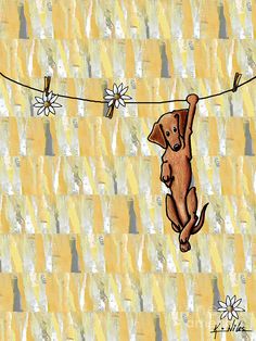 a dog hanging from a clothes line with daisies on it's side canvas print