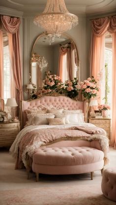 a bedroom with pink bedding, chandelier and flowers on the window sill