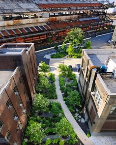 an aerial view of some buildings and trees