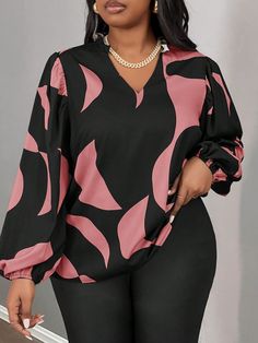 Plus Size Casual V-Neck Long Sleeve Loose Printed Shirt, Suitable For Commute Watermelon Pink Casual  Long Sleeve Woven Fabric Colorblock,Graphic,All Over Print,Random Print Top Non-Stretch  Women Plus Clothing, size features are:Bust: ,Length: ,Sleeve Length: Suspender Dress, Print Tops, Vintage Ladies