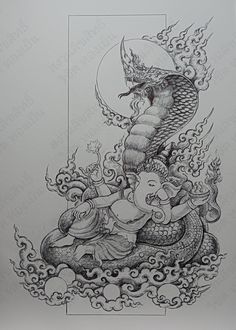 an ink drawing of a person sitting on top of a dragon