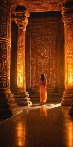 a woman in an orange dress is walking through some pillars with carvings on the wall behind her