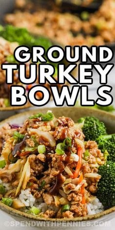 ground turkey bowls on a plate with broccoli and carrots in the background