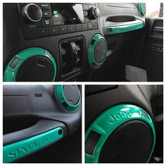 the interior of a car with green trims and radio controls, including an ipod