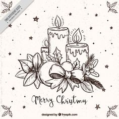 christmas candles with holly leaves and stars on the background, hand drawn illustration in black and white