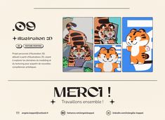 an advertisement for a children's book called merci, with tiger images and captions