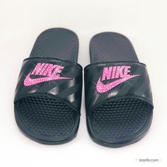 Hot Pink Crystal Slides Nike Slide Sandals, Nike Benassi Slides, Swarovski Nike, Flip Flops Women, Nike Benassi, Nike Slides, Pay Attention To Me, We Get Married, Custom Nikes