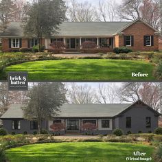 before and after pictures of a brick ranch house with green grass in the front yard