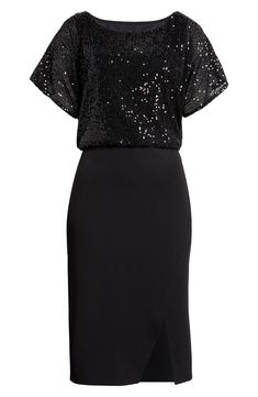 Twinkling sequins shimmer like evening stars on this event-ready dress completed by a solid skirt. 42 1/2" length Slips on over head Boat neck Short sleeves Partially lined 97% polyester, 3% spandex Hand wash, dry flat Imported Formal Holiday Sequin Dress With Contrast Sequin, Elegant Contrast Sequin Fabric For Night Out, Sequin Bodycon Evening Dress, Elegant Holiday Sequin Dress With Contrast Sequins, Elegant Holiday Sequin Dress With Contrast Details, Elegant Holiday Sequin Dress With Contrast, Dressy Sequin Evening Dress, Dressy Evening Sequin Dress, Holiday Evening Sequin Dress