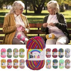 two women sitting on a bench with yarn and crochet