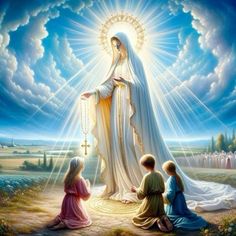 an image of the virgin mary and three children sitting on a path with clouds in the background