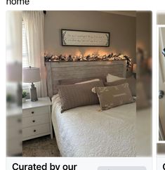 two pictures of a bed with pillows and lights on the headboard are shown in three different frames