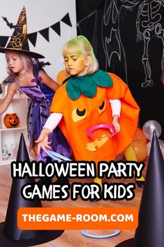 two children dressed up as pumpkins for halloween party with text overlay that reads, halloween party games for kids