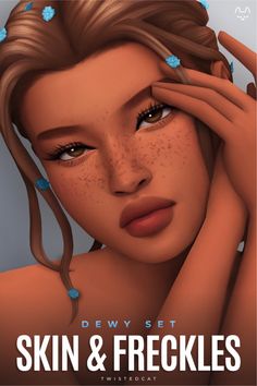 a woman with freckles on her face and hands near her face, in front of the words dew set skin & freckles