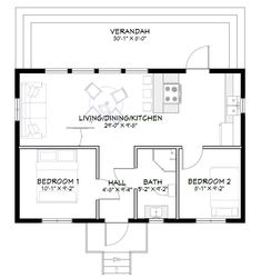 the floor plan for a small house with two bedroom and an attached living room area