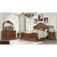 a bedroom scene with focus on the bed and dresser