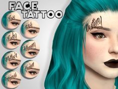 the face tattoo is designed to look like a woman with blue hair and black lips