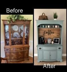 before and after photos of an old china cabinet turned into a dining room hutch