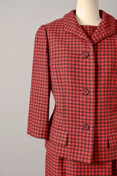 Classic Red Tweed Jacket For Work, Fitted Red Wool Tweed Jacket, Red Fitted Wool Tweed Jacket, 1950s Tweed Dress, 50s Suit, 1950s Collared Dresses With Buttons, 1950 Gingham Dress, Vintage Houndstooth Skirt, Wool Houndstooth Vintage Outerwear